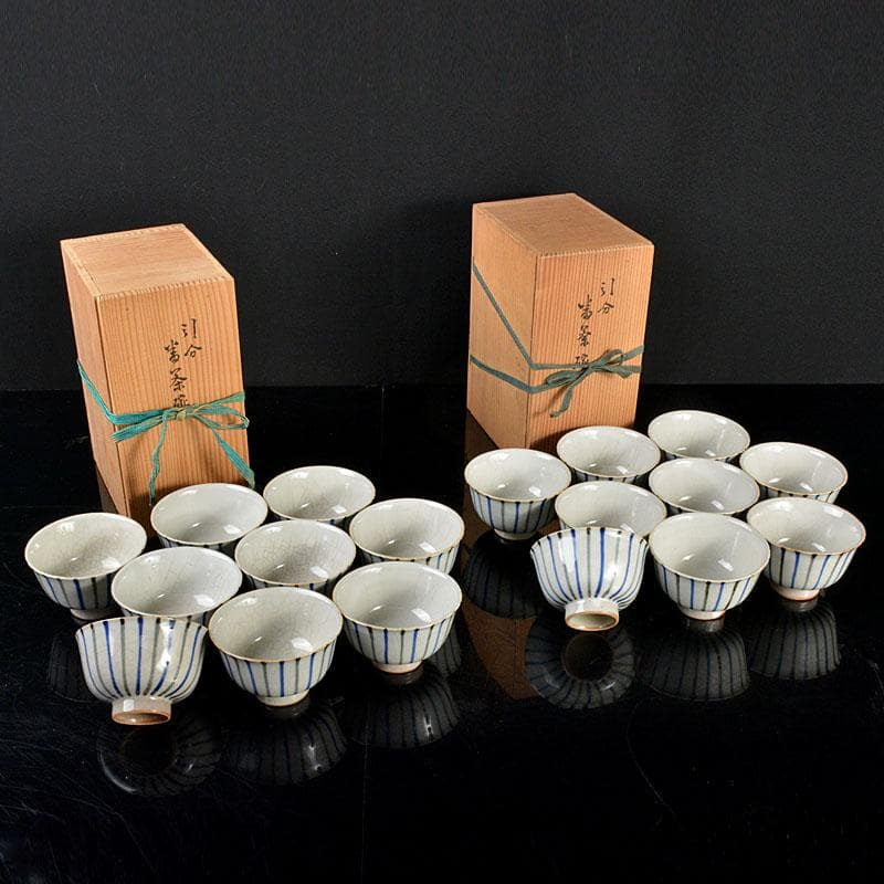 煎茶道具　夜寒焼　凌古堂造　引分　番茶碗　九客　合計18客　共箱　M　R4403