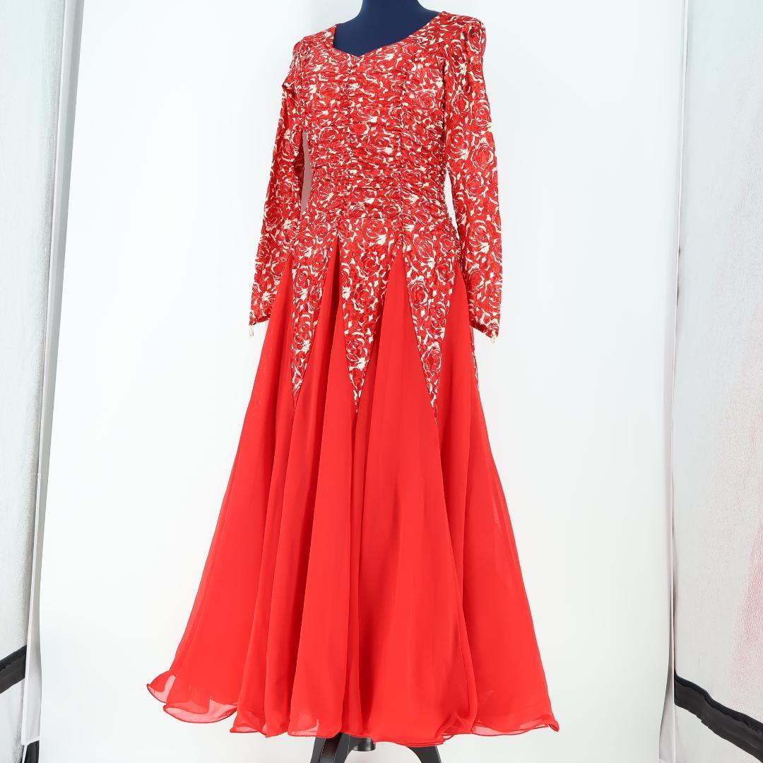 【美品 社交ダンス衣装】レッド×アイボリー Leirenaレイリーナ ワンピース