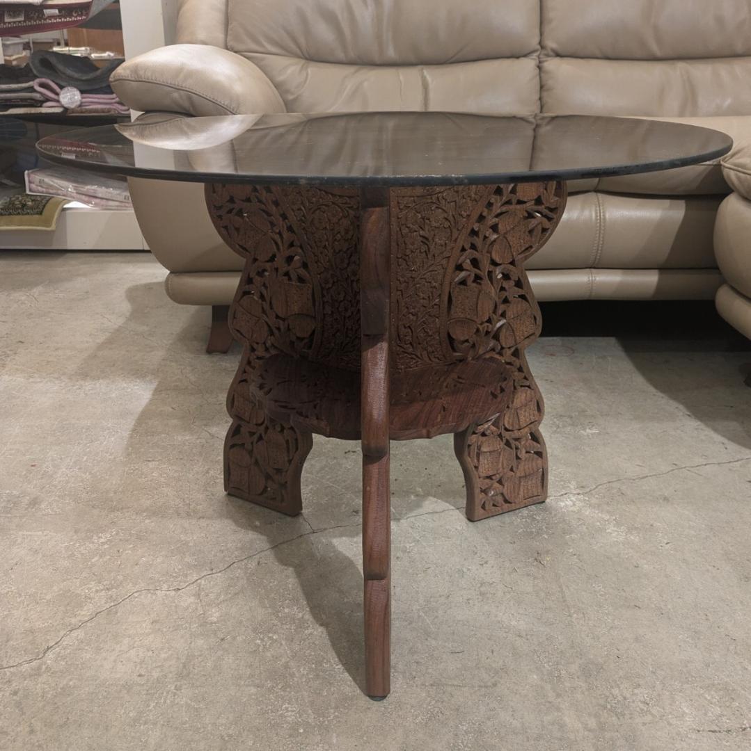 専用ページ 木彫りガラス テーブル 彫刻 天板ガラス 丸テーブル サイドテーブル