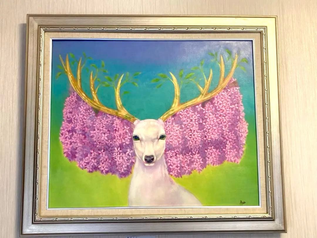 春うらら　新人画家　大塚麻世 白鹿　桜　油彩 絵画 動物　油絵　鹿　動物絵
