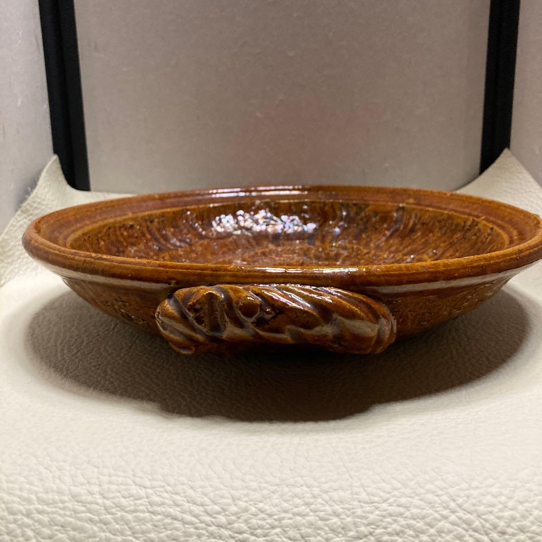 初代中村道年　「飴釉手付平鉢」　押印　合わせ箱　高5.5 ×幅28cm 八事窯