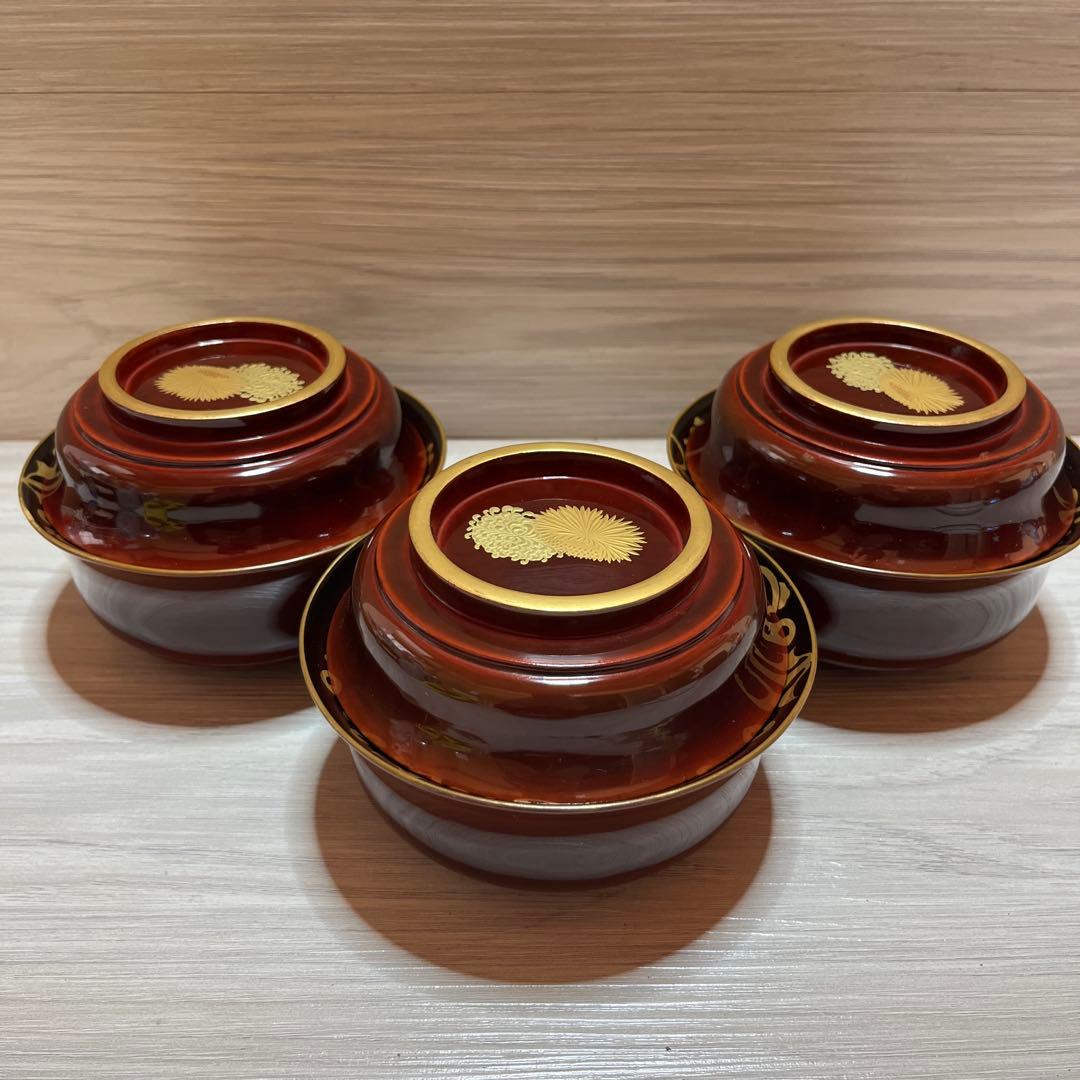 木製漆器 時代輪島塗 菊桐唐草 金蒔絵 溜塗 内黒塗 椀三客 天然木