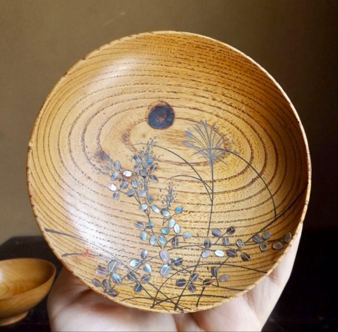 【人間国宝　高野松山】すすき野秋蛩木地蒔絵椀　欅・螺鈿・蛩秋草図・夫婦・椀 汁椀