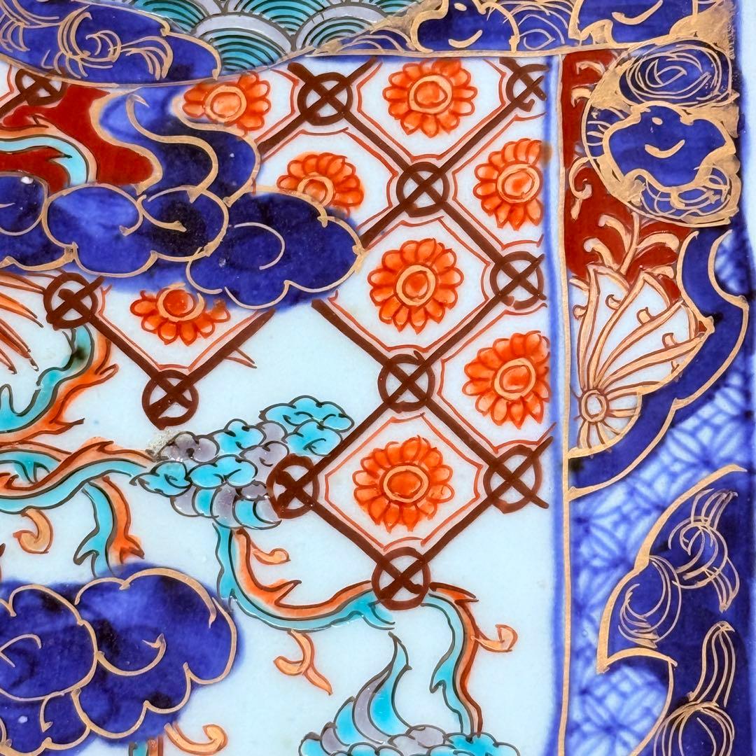 古伊万里　染錦　鳳凰　松竹梅　飛魚　千鳥　八角皿　冨貴長春　超細密技巧　46㎝