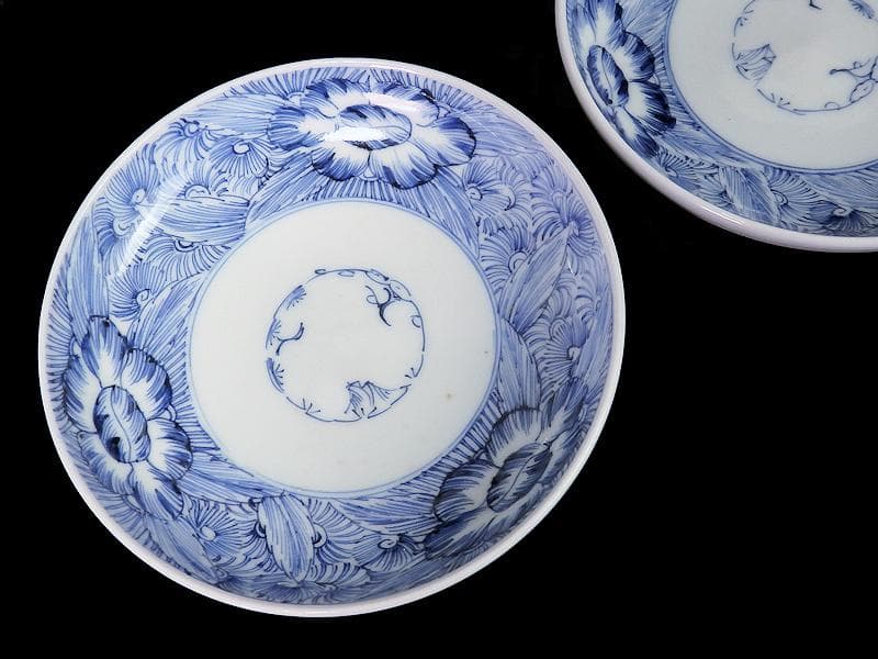 古伊万里　染付　線描き　草花紋の図　３寸半　手塩皿　２枚　E770AS-fbre