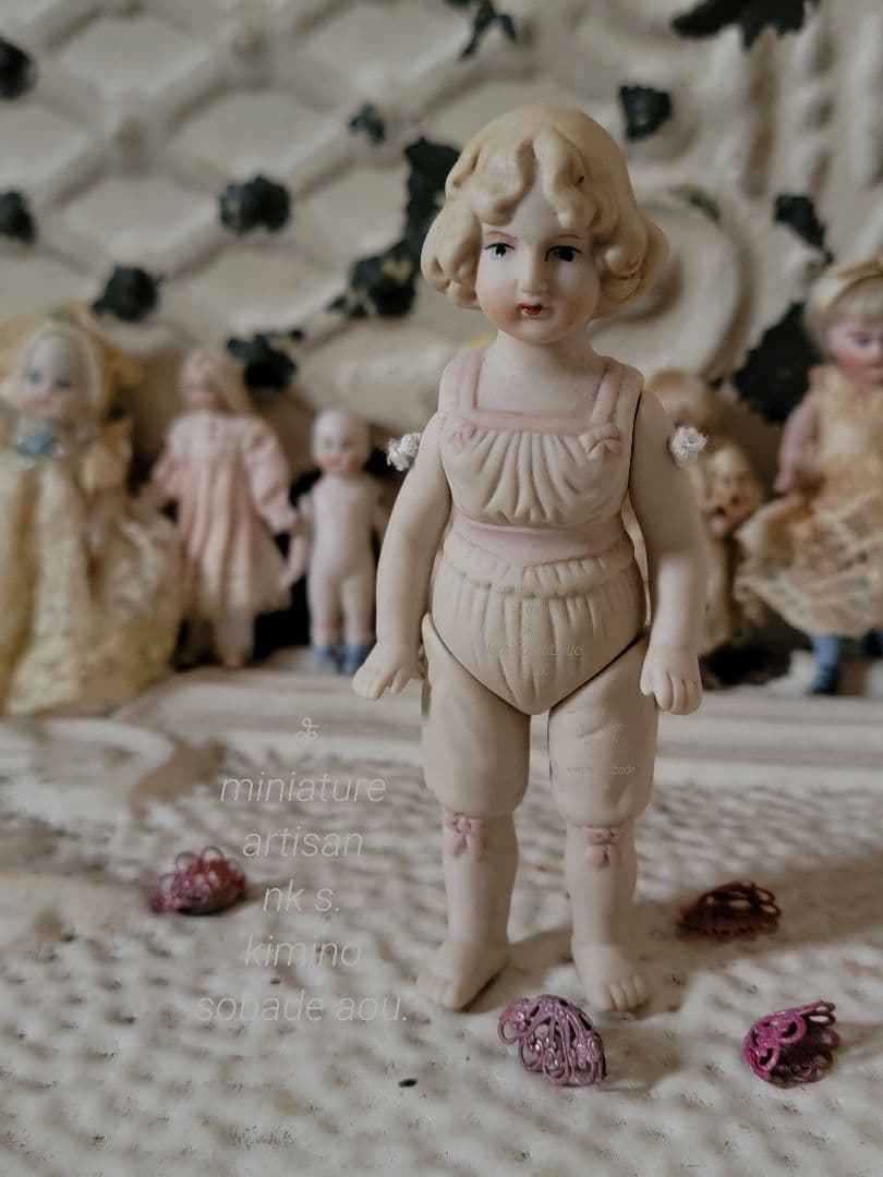 ▼ 超希少　ヴィンテージビスクドール　ピンクセイラー　リボン　手足ジョイント