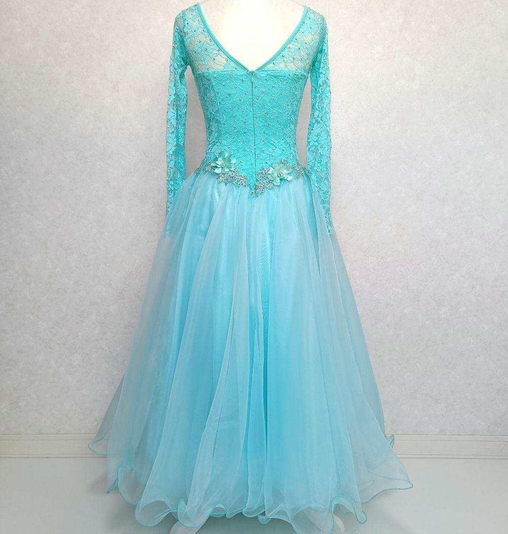 中国製 社交ダンス衣装 エメラルドグリーン レース ビジュー M インナー付