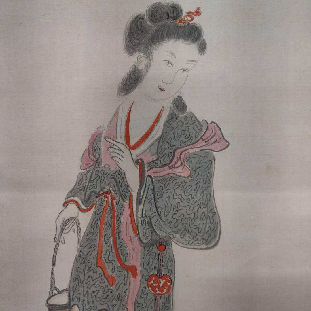 真作/渓山人/美人画/人物図/桐共箱付/布袋屋掛軸A-729