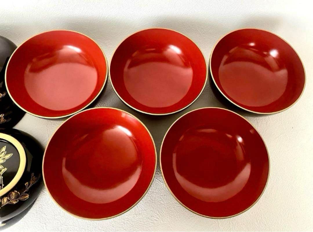 輪島塗 時代漆器 菓子椀 沈金 天然木 外黒内朱 金縁 蓋付 お椀 5客