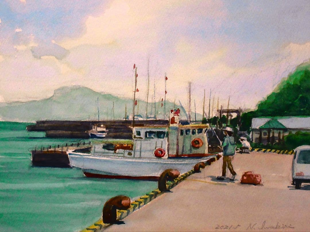 水彩画 長閑な風景(額縁付き)