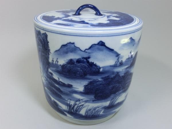 水指■青華山水 染付 景徳鎮 古玩 お茶道具 茶器 名窯 骨董品 古美術■