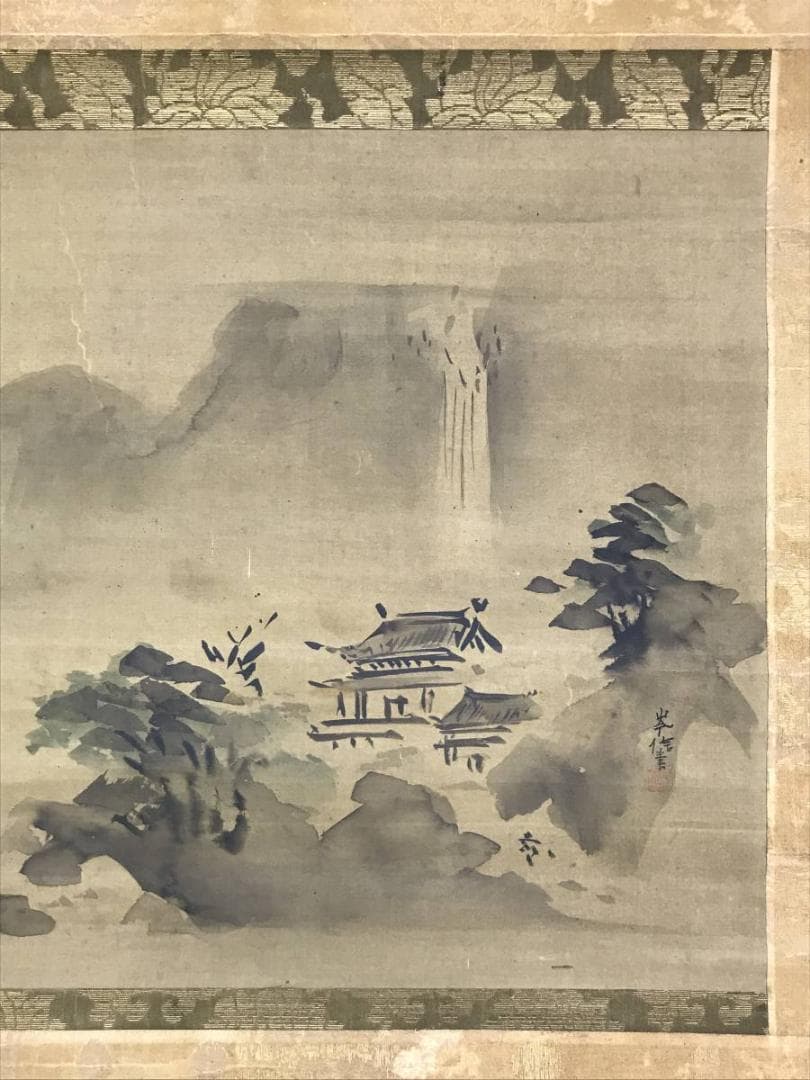 【真作】狩野岑信/江山漁舟図/山水図/横物/掛軸/名家伝来/AD-329