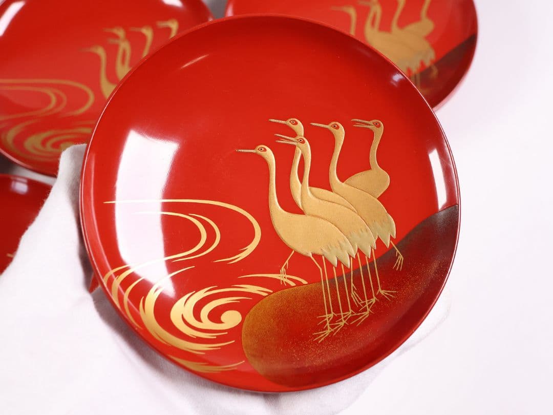 【CM372】時代木製漆器 光琳写 金蒔絵 群鶴図 朱塗 引盃 五客 小皿 杯