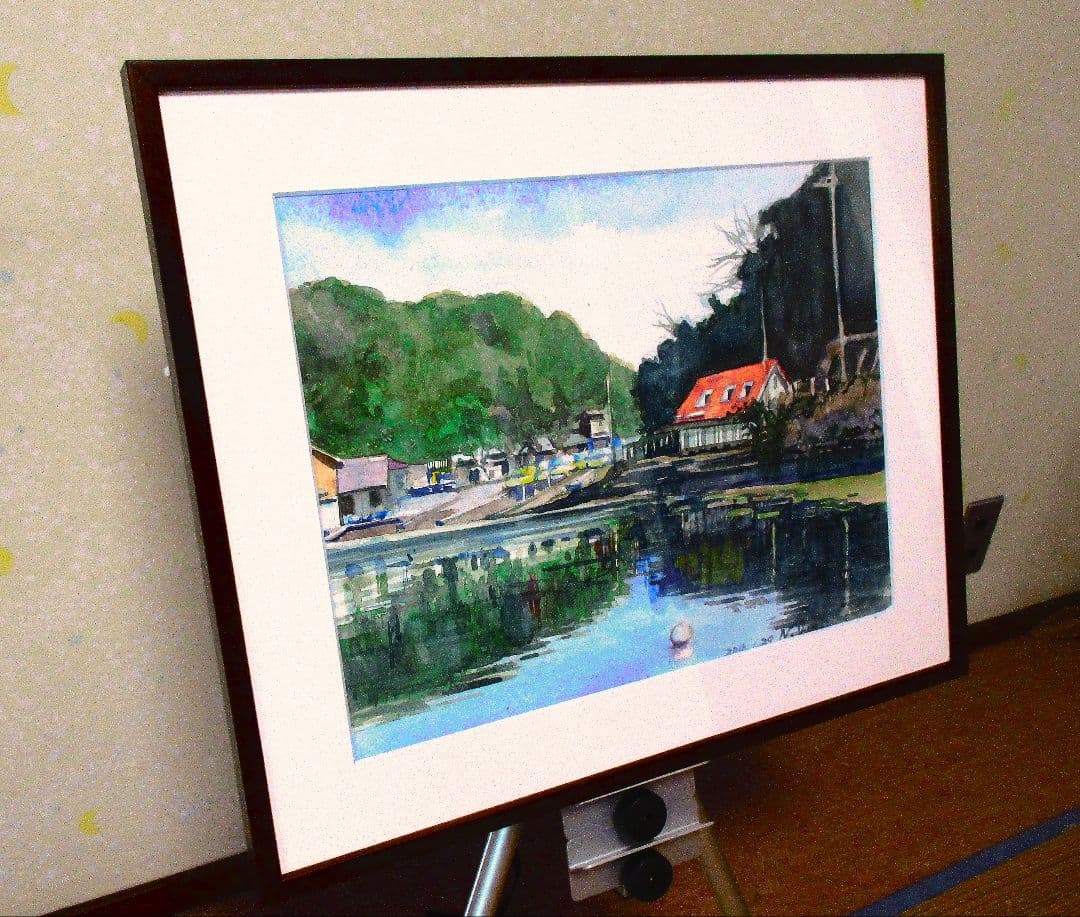 赤い屋根の別荘(水彩画 木製フレーム付き)