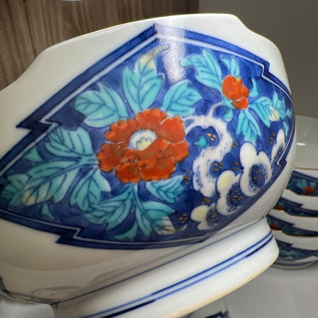 肥前有田焼　幸右衛門　染錦牡丹唐子文向付食器一式　共箱　東Y8-0128①