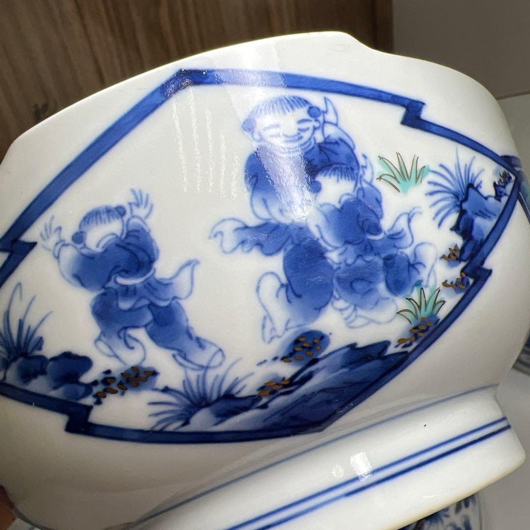 肥前有田焼　幸右衛門　染錦牡丹唐子文向付食器一式　共箱　東Y8-0128①