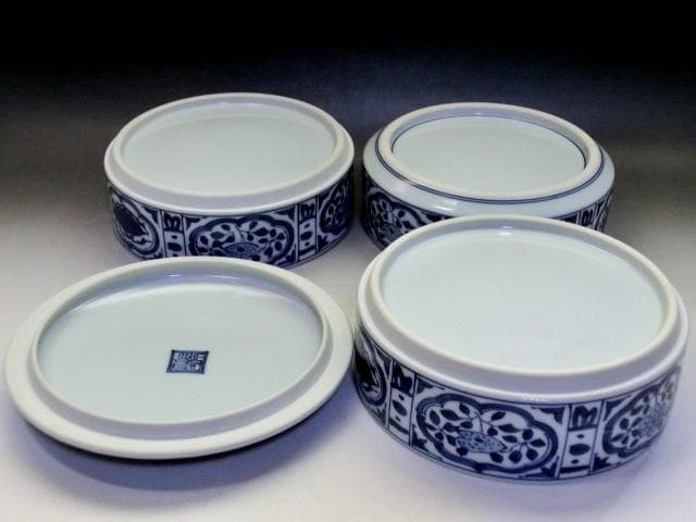 鉢■平安【陶峰造】染付古代紋三段重鉢 手描き 花唐草紋 京焼 清水焼 お重 高級