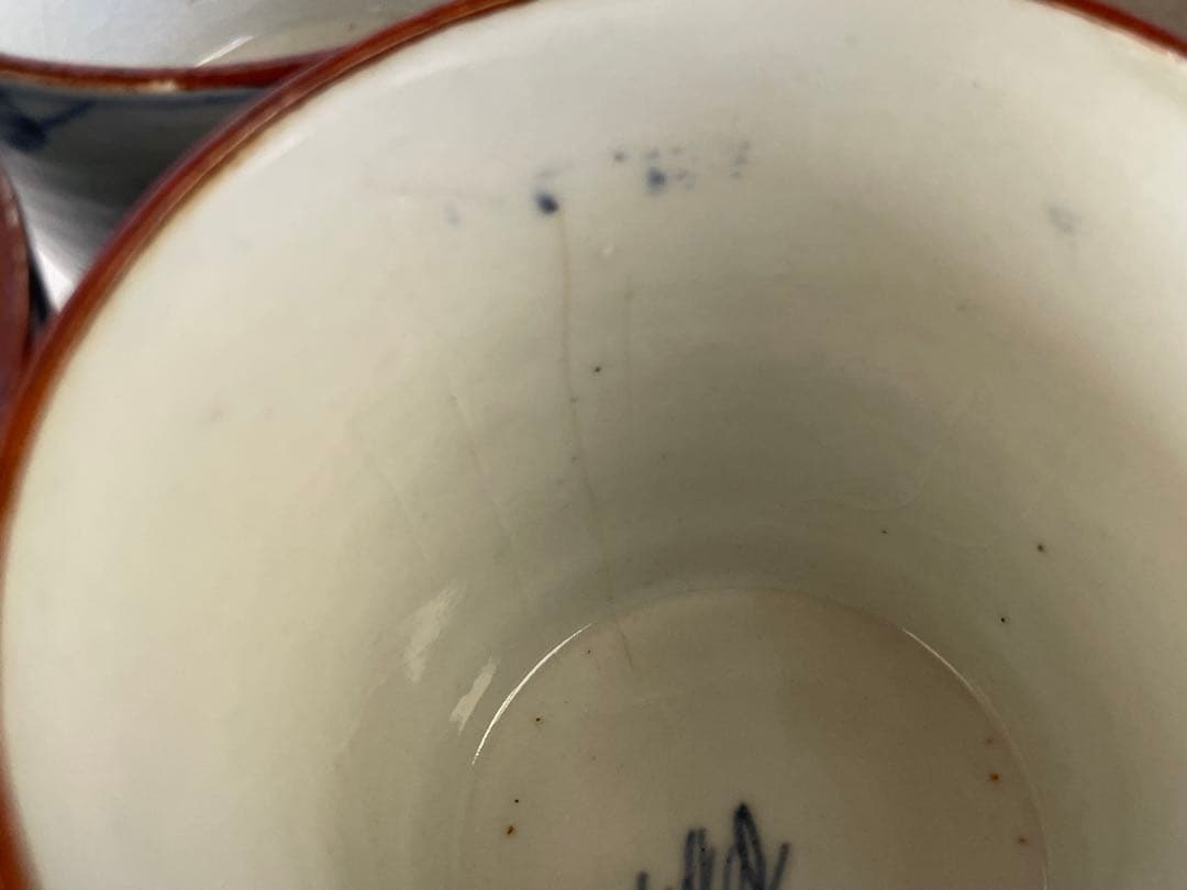 骨董　アンティーク　古伊万里　染付　羊歯文　蕎麦猪口　4点　縁錆　甘手