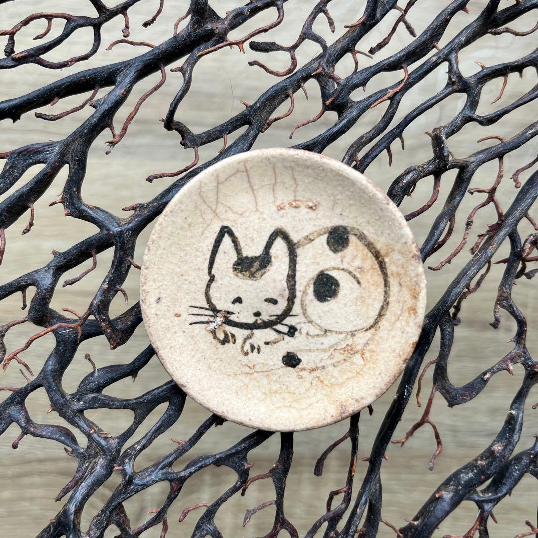 骨董　古陶　絵瀬戸　古瀬戸　希少　ブチ猫　眠り猫 図案　豆皿　手塩皿　小皿５客
