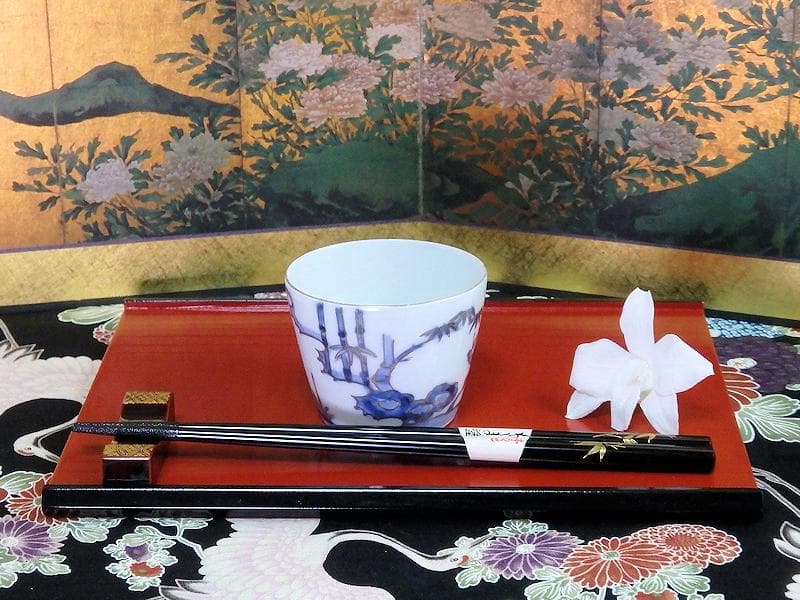 古伊万里　染錦　太湖石に松竹梅の図　蕎麦猪口　C177 AS-CXk