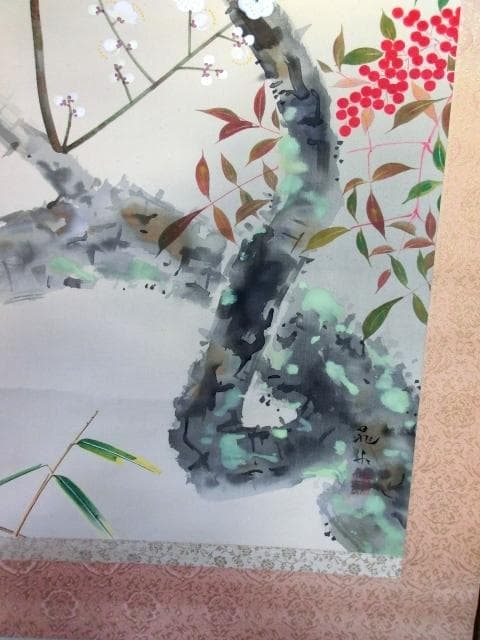 掛軸■鶯 【晁木】梅 南天 庭園 桐共箱 絹本 肉筆 時代物 骨董品■(39)