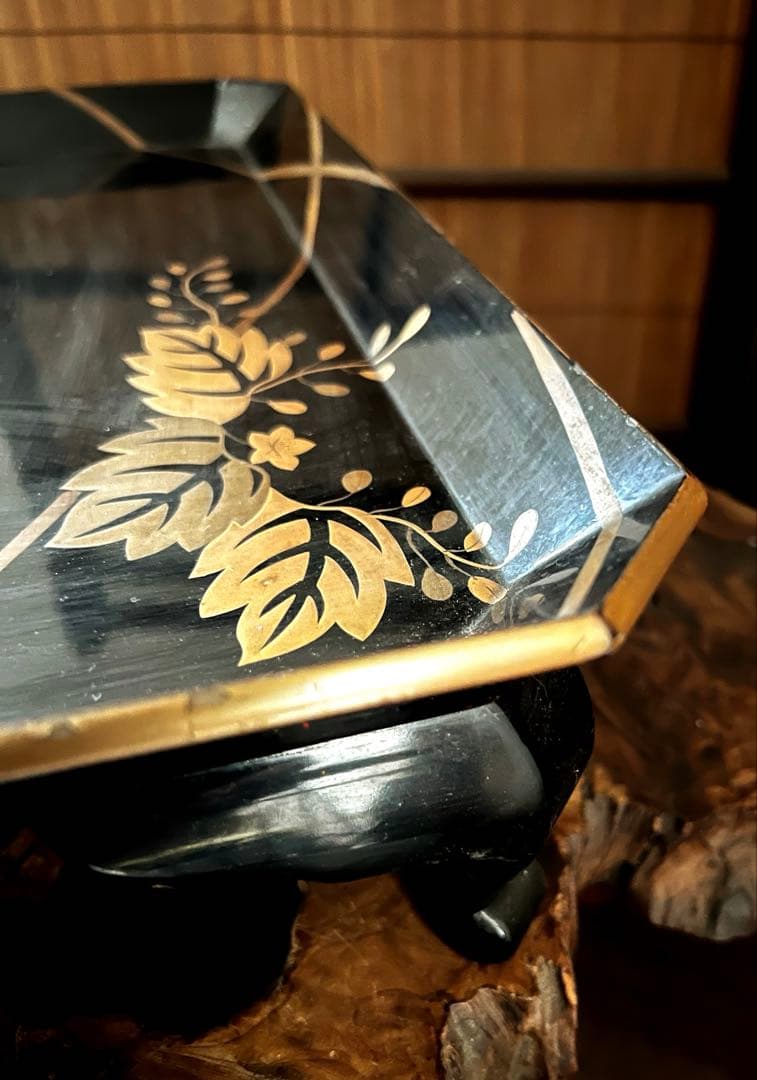 時代 漆芸 金彩 蒔絵 祝い膳 黒塗り 裏 梨地