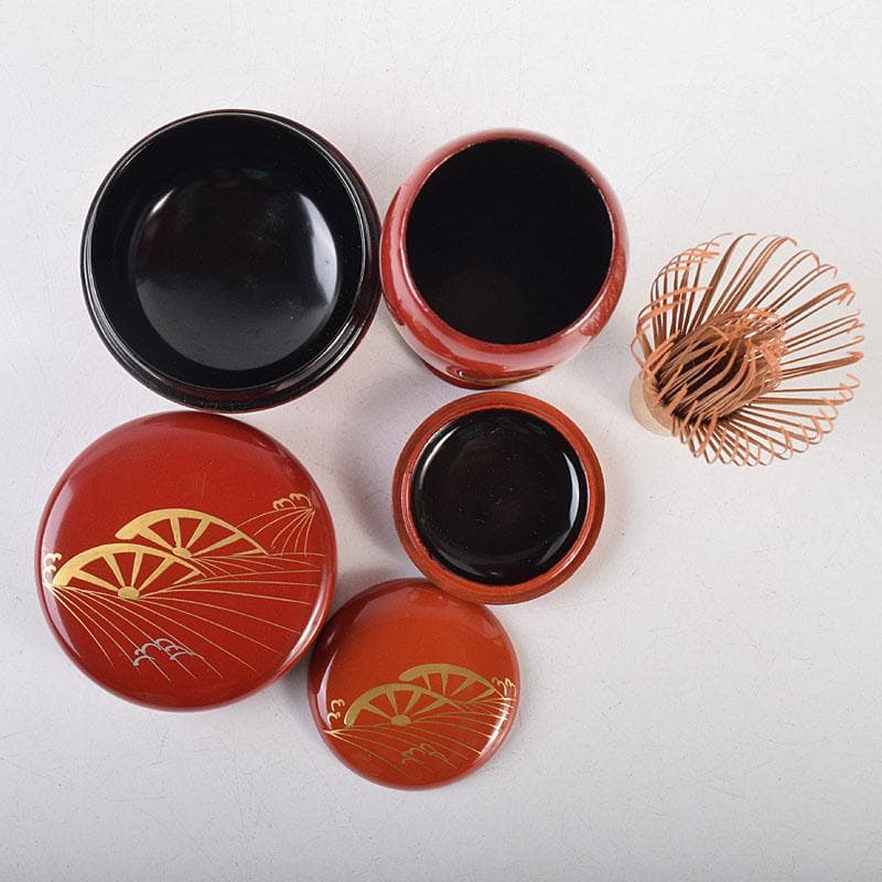 茶道具　黒塗茶箱　茶碗　朱塗　棗　香合など　十一点　一式　仕覆付　M　R8831