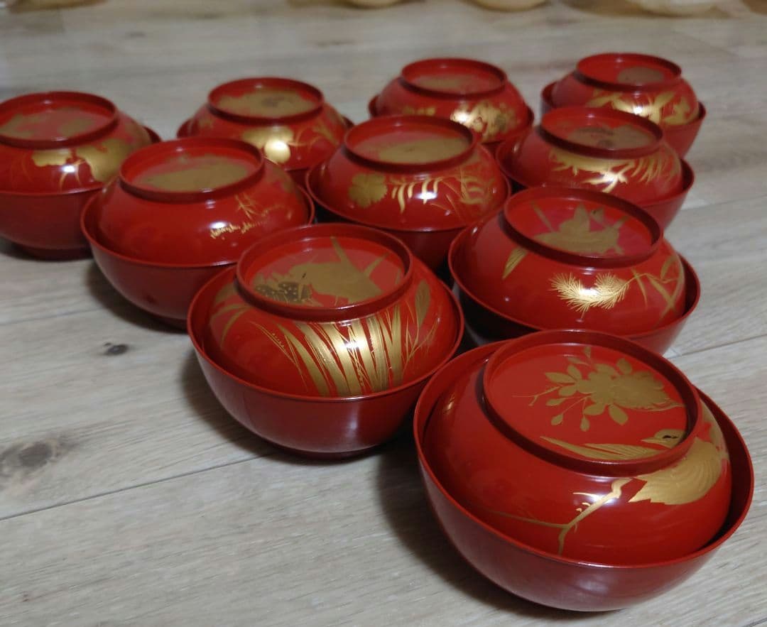 骨董品　金蒔絵花鳥図朱菓子椀　10客