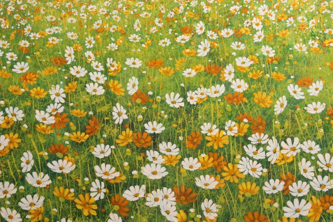 No5055 額装　金謙伊　コスモス　油彩　大作　直筆サイン　風景画　送料無料