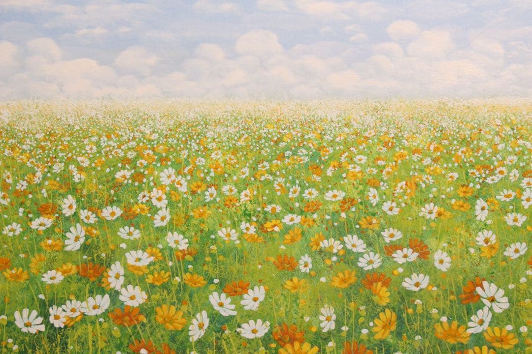 No5055 額装　金謙伊　コスモス　油彩　大作　直筆サイン　風景画　送料無料