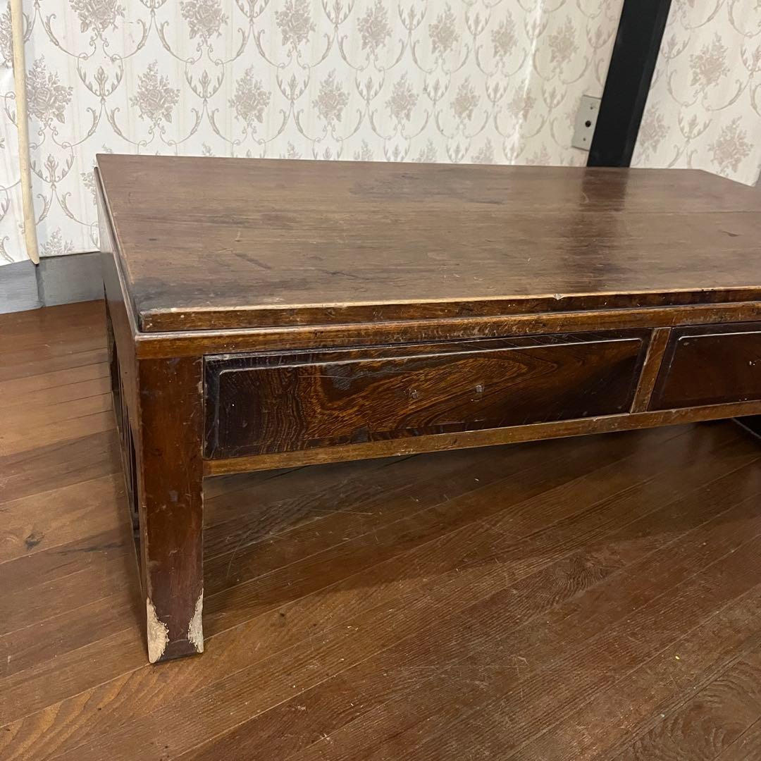 【アンティーク】木製 無垢材 文机 座卓 書斎机 2杯引出し 古家具 古民家