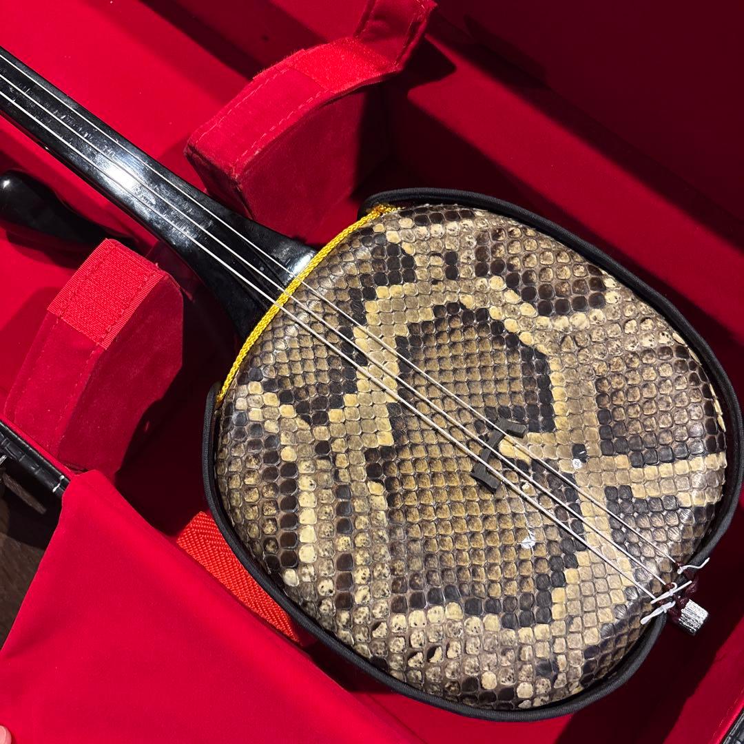 三線　本革　沖縄三味線　ハードケース、バチ付き