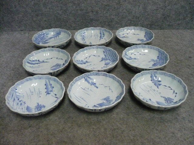 伊万里焼染付線描き海辺風景図なます皿9枚 [B31639]