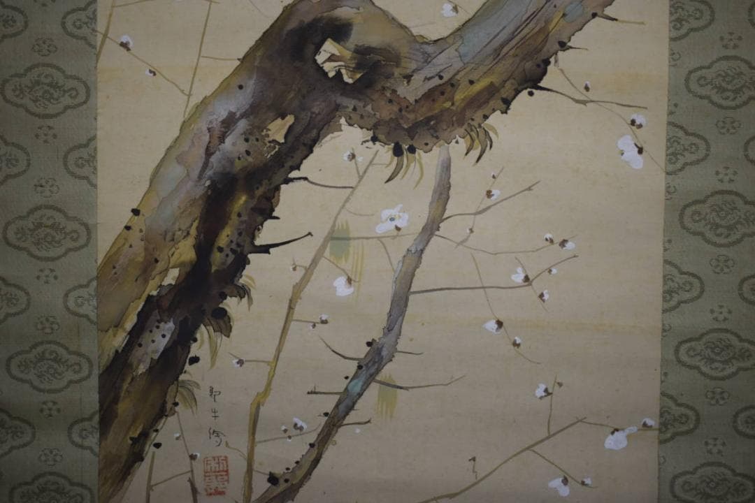 真作/北上聖牛/白梅蓑虫図/梅花ミノムシ図/布袋屋掛軸HI-400