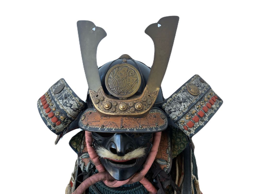 け*屋様 日本美術 時代甲冑 等身大 家紋入 丸に揚羽蝶 鎧兜 一式 面頬 鎧櫃