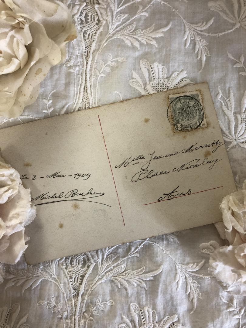 アンティークポストカード ネコと美しい少女