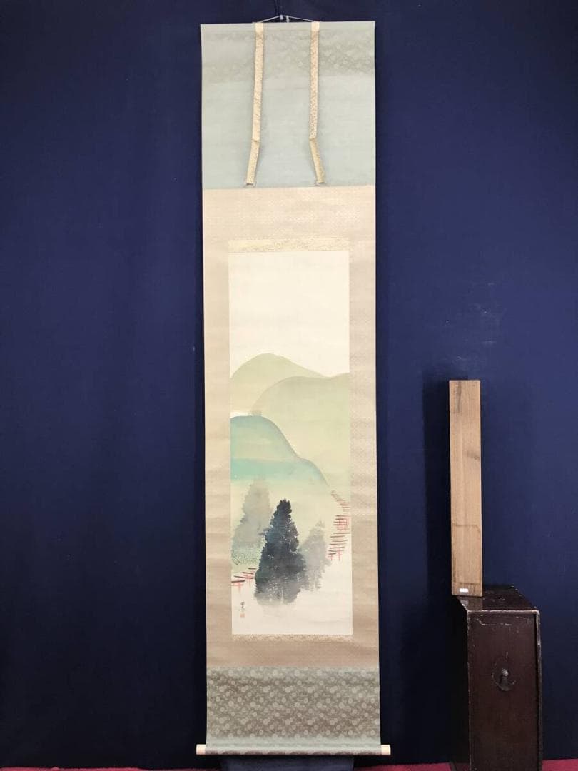 真作/川端玉章/山水図/春山鳥居図/春景山水図/掛軸☆宝船☆AH-671