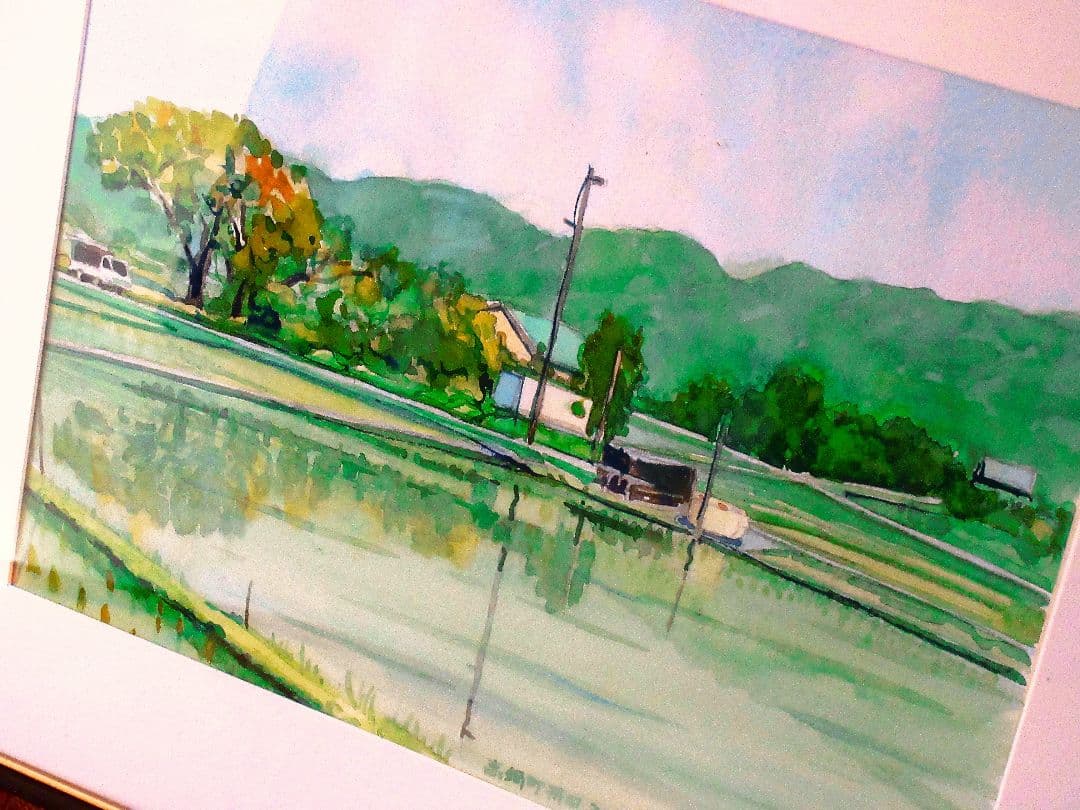 田園風景 水彩画 フレーム付き 原画 F6サイズ