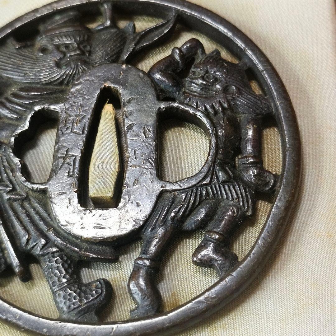 刀剣美術 日本刀鍔 南蛮透かす銅地鐔 鐘馗の図 記内作 江戸骨董 蒐集家放出美品