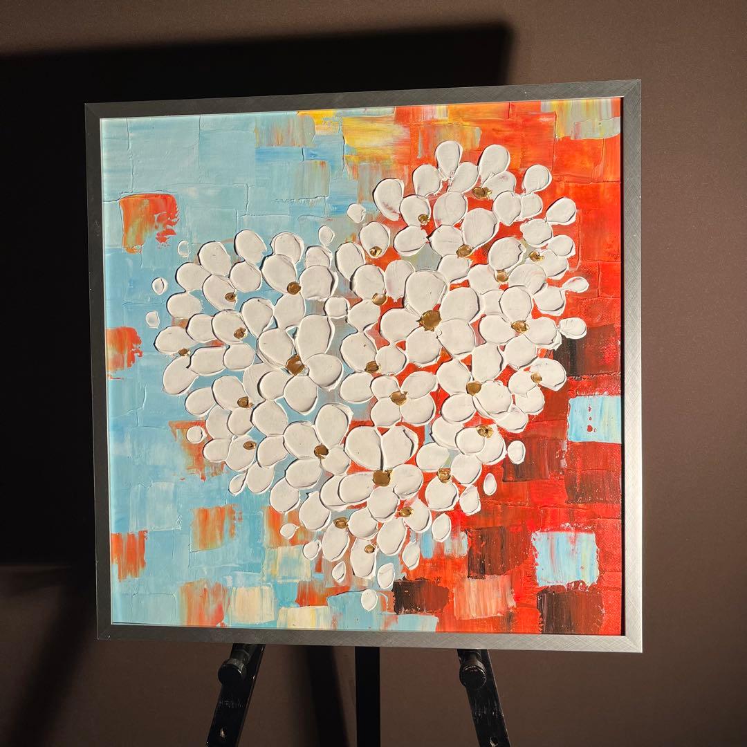 ★立体絵画★ 手書き油絵 ハートフラワー額付き 肉筆絵画 インテリア 油彩画