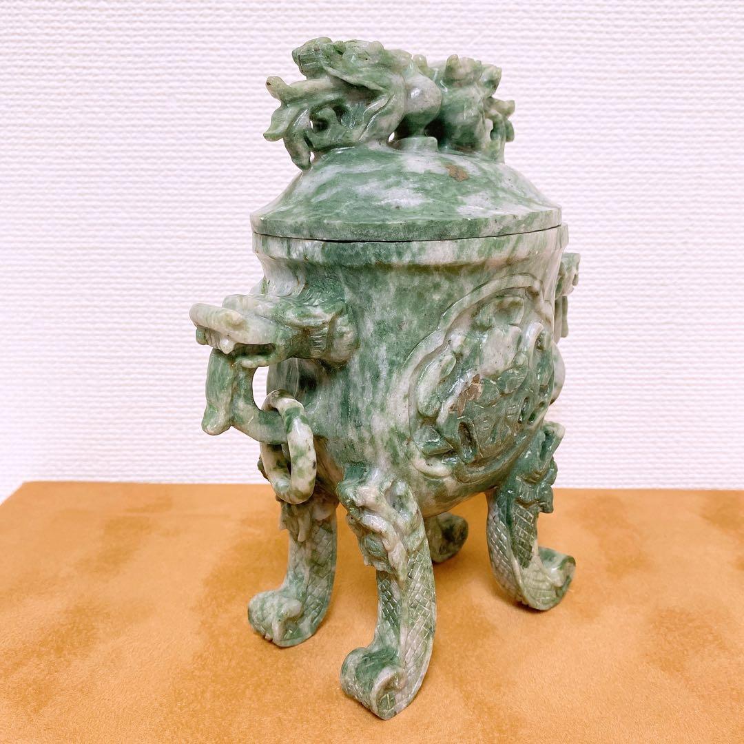 翡翠　置物 龍 彫刻 蓋付き 香炉 玉石 天然石 ヒスイ 砡 【985g】