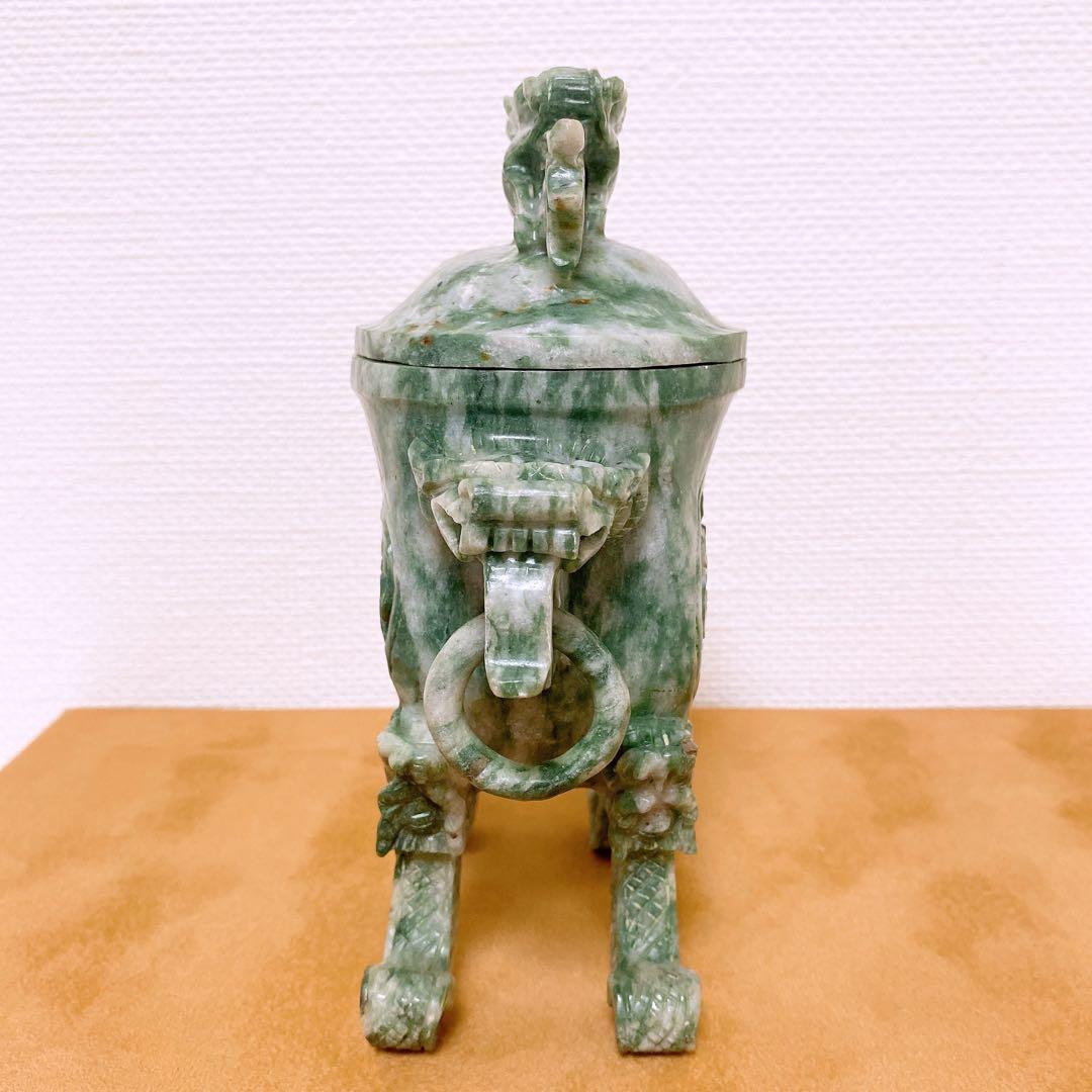 翡翠　置物 龍 彫刻 蓋付き 香炉 玉石 天然石 ヒスイ 砡 【985g】