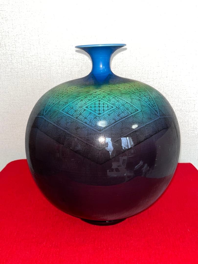 【特大】人間国宝 三代 徳田八十吉（正彦銘）碧明釉 小紋壺 約29cm T237