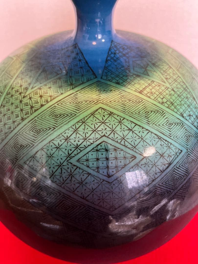 【特大】人間国宝 三代 徳田八十吉（正彦銘）碧明釉 小紋壺 約29cm T237