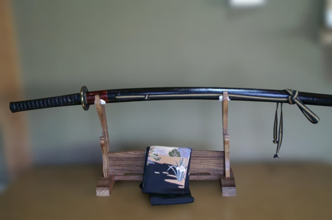 模擬刀　 黒革巻柄　腰藤巻　変わり塗鞘　７１.５cm