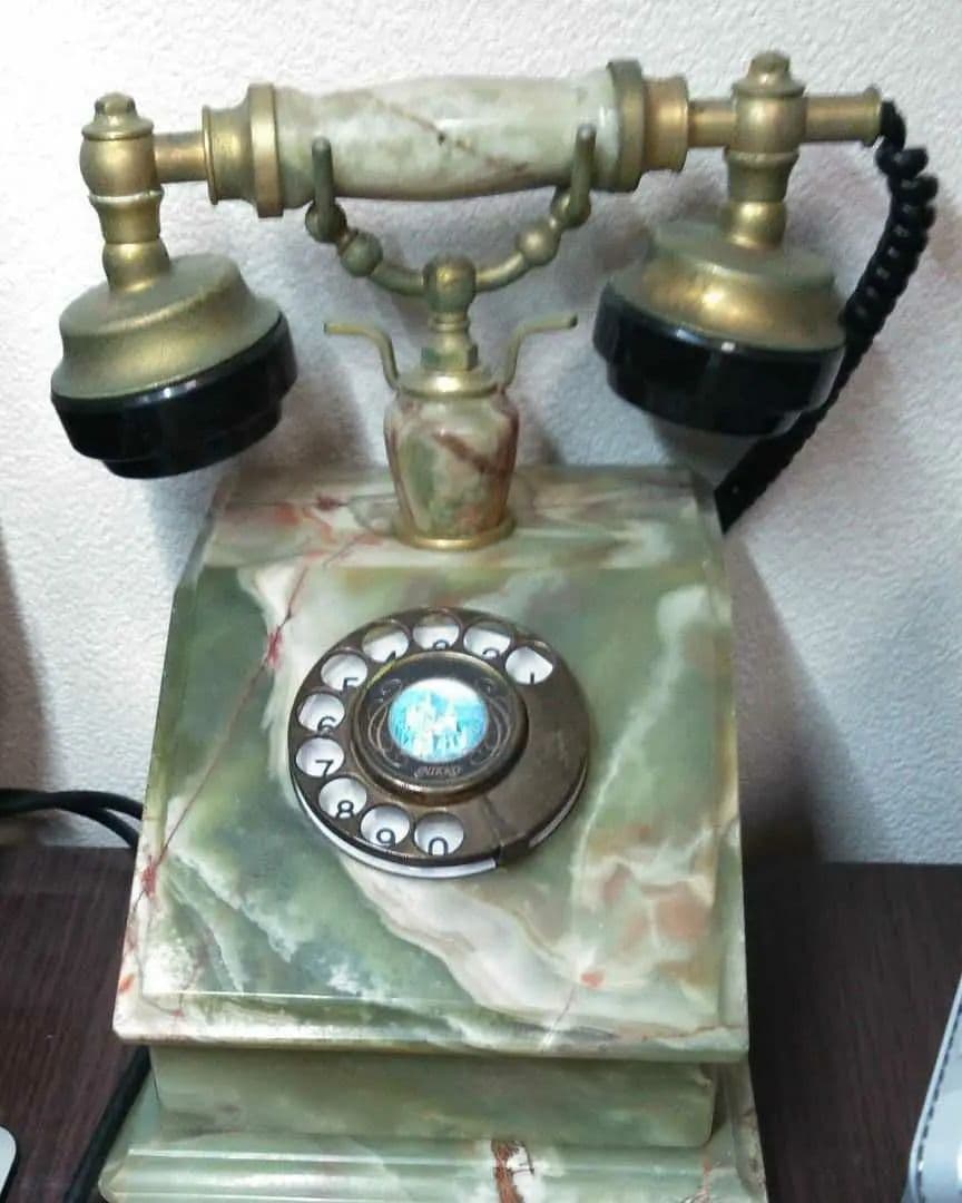大理石　マーブル　電話機　アンティーク　孔雀の羽　尾羽　飾り羽　ペン立て　天然石