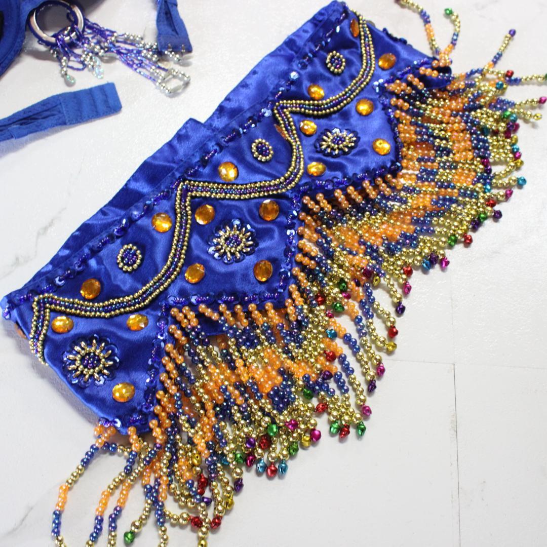 【ベリーダンス用オリエンタル衣装】スパンコール・ビジュー多数付き ブルー系