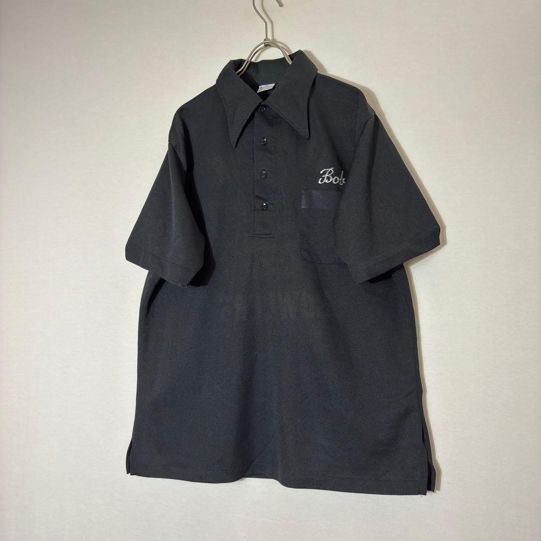 Vintage 70s【ブラックベース】チェーン刺繍 デカ襟 ボーリングシャツ