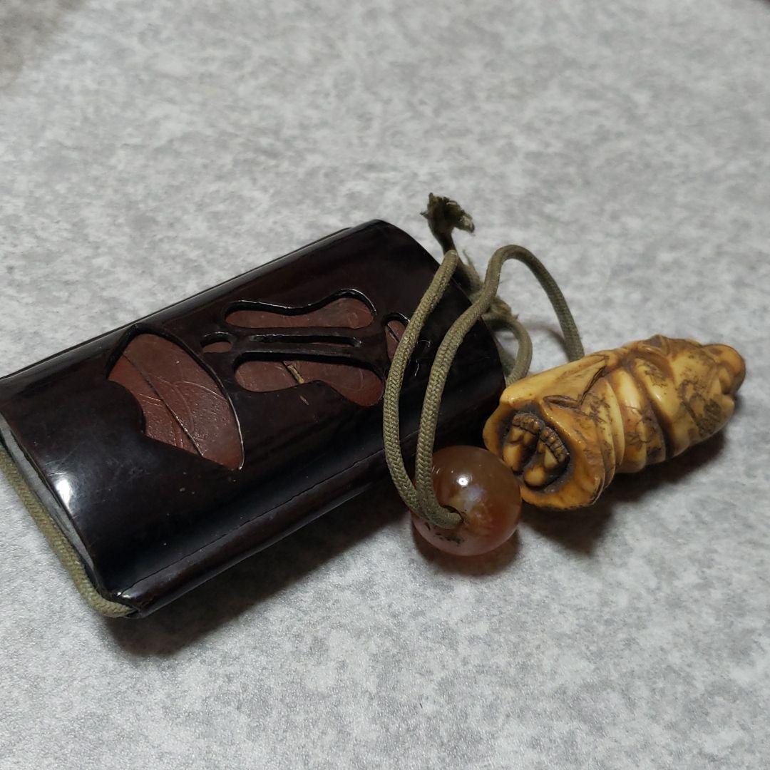 根付　印籠　玉　3点セット　根付　おたふく（幸福、幸運、長寿の象徴）　縁起物