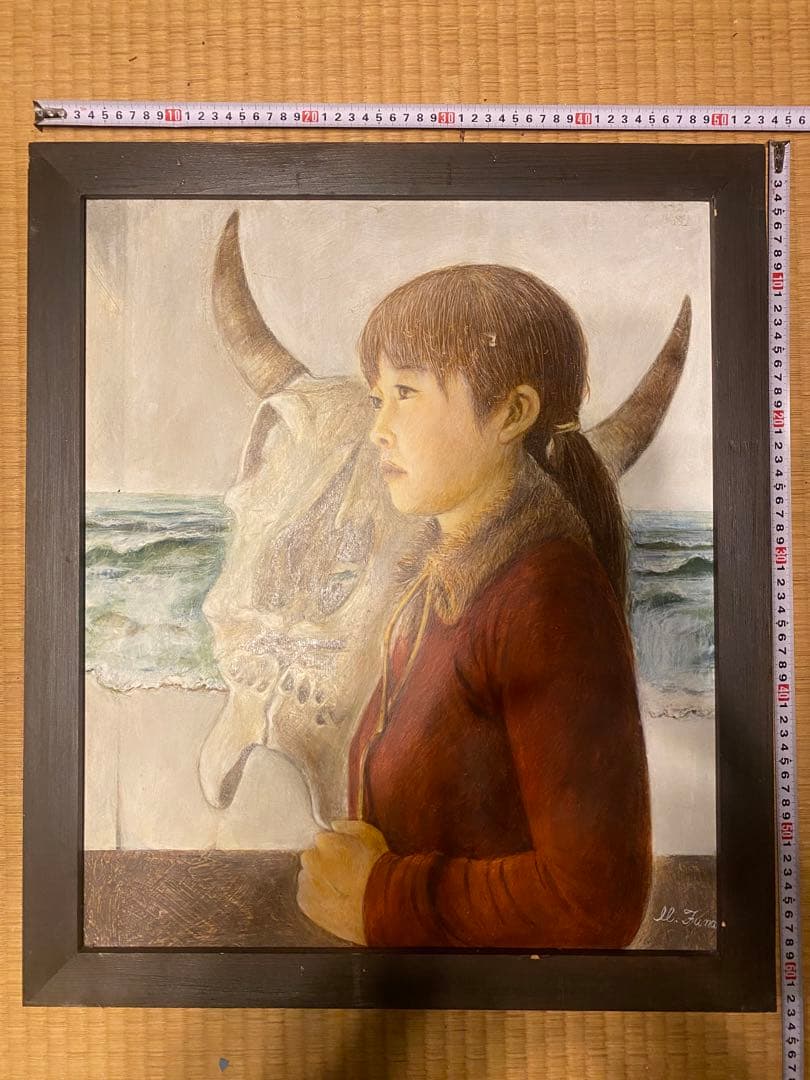 女性と牛の頭部の油彩画 約52cm x 62cm - 作: M.Funayama